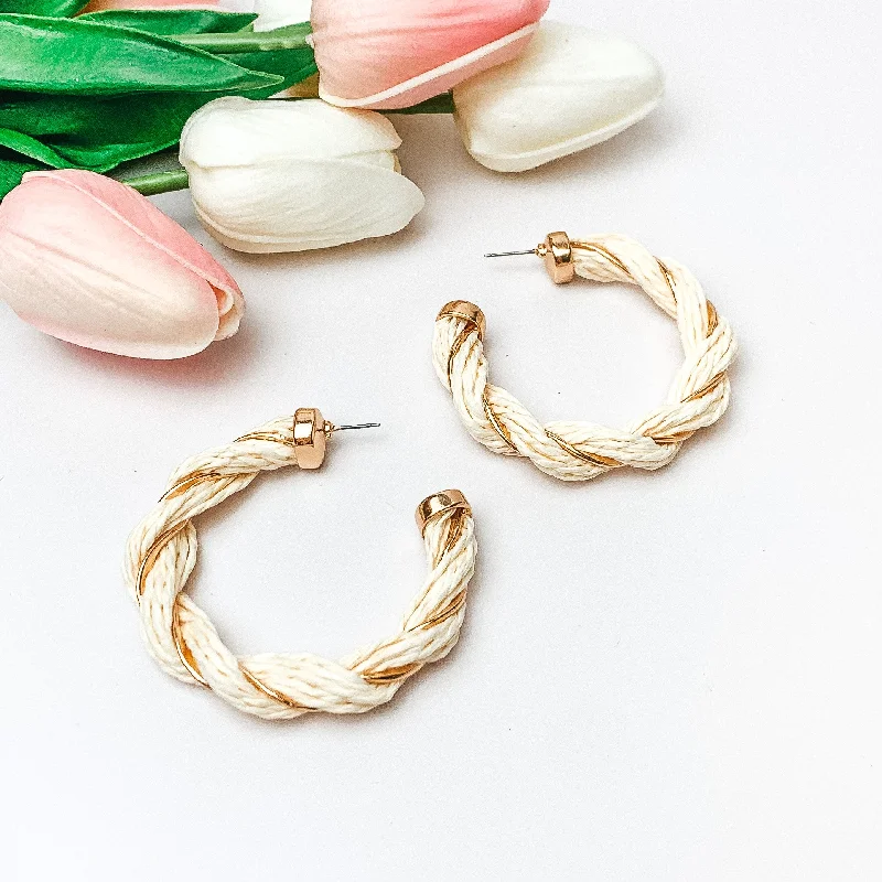 Women’s flower earrings-Paradise Dreaming Raffia Twisted Hoop Earrings with Gold Tone Detailing in Ivory