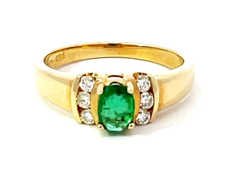 Women’s stylish rings-Oval Green Emerald and 6 Diamond Stackable Ring in 14k Yellow Gold