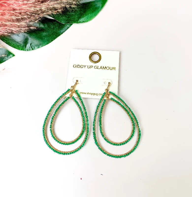 Women’s large hoop earrings-Double Open Teardrop Gold Tone Earrings with Beaded Outline in Green