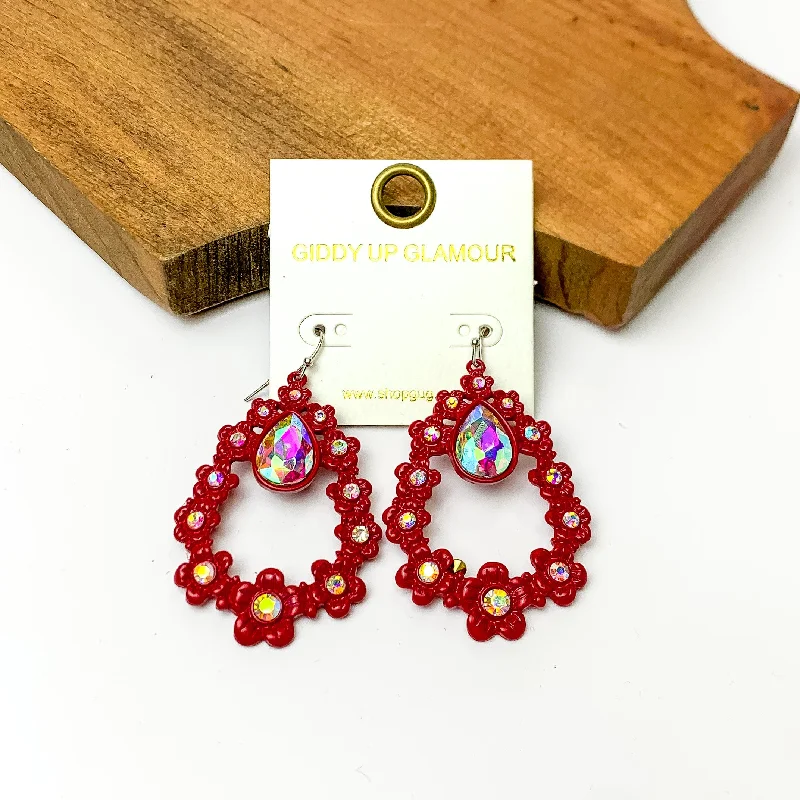 Women’s gemstone earrings-Red Open Drop Flower Earrings with AB Crystals