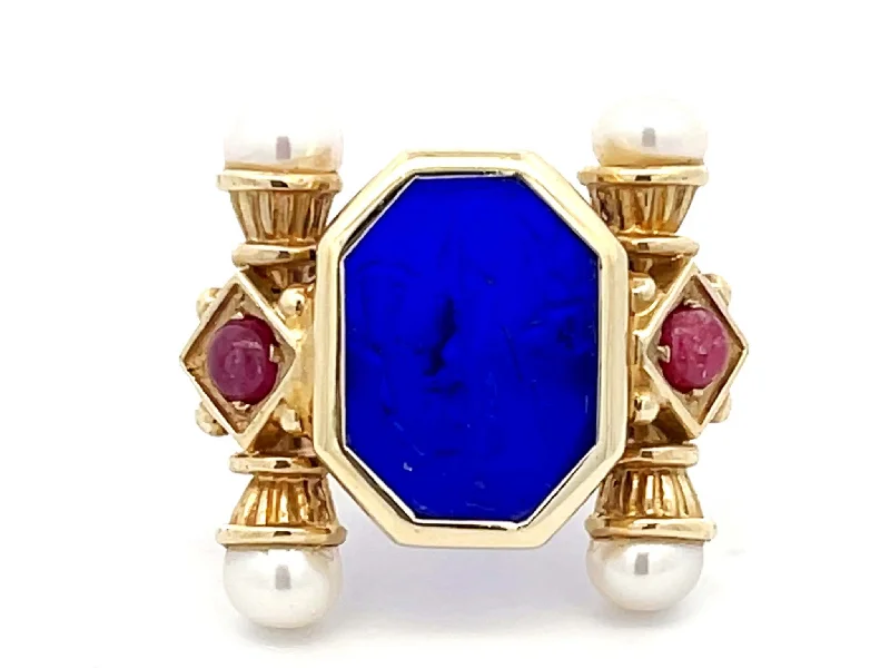 Women’s gold band rings-Large Vintage Blue Glass Cameo Ruby and Pearl Ring in 14k Yellow Gold