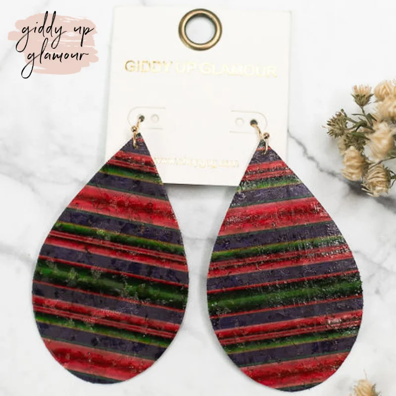 Women’s silver drop earrings-Cork Teardrop Earrings in Pink Serape