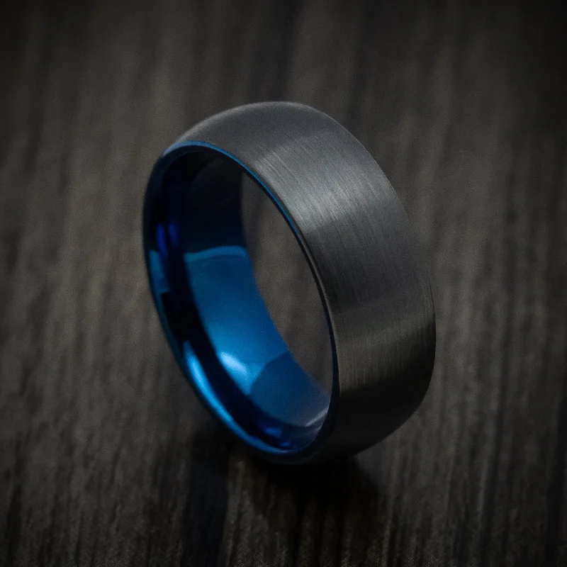 Black Tungsten Men's Ring with Anodized Blue Sleeve