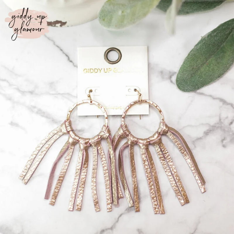 Women’s chandelier earrings-Gold Hoop Earrings with Leather Tassels in Blush Gold