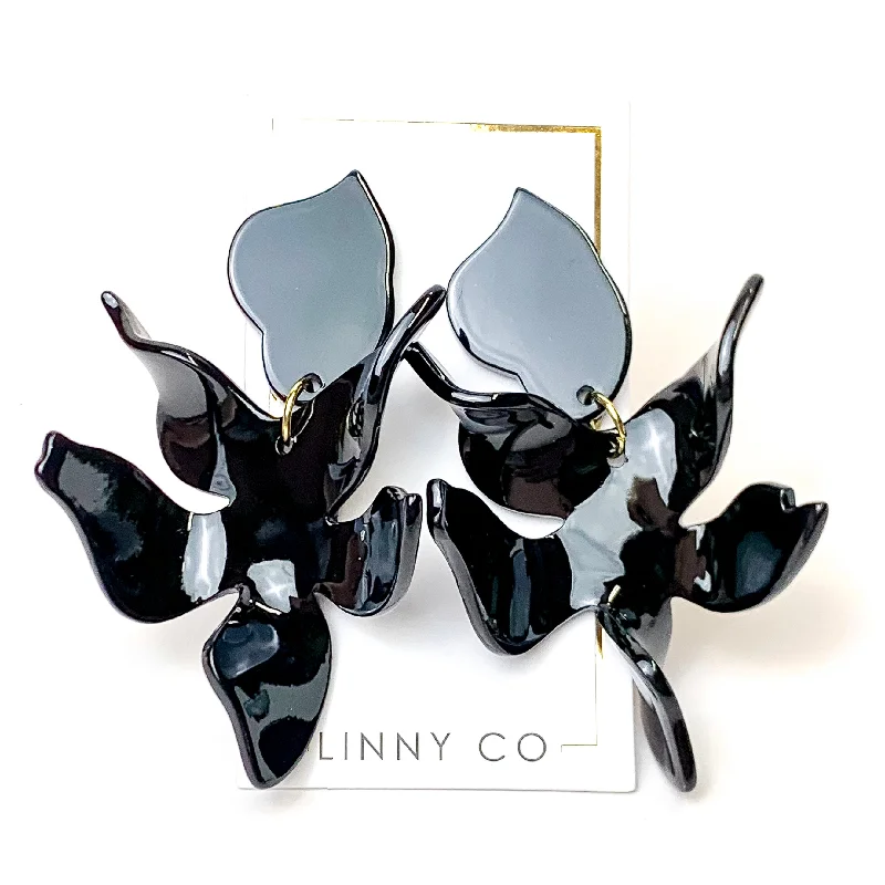 Women’s crystal earrings-Linny Co | Flora Drop Earrings in True Black