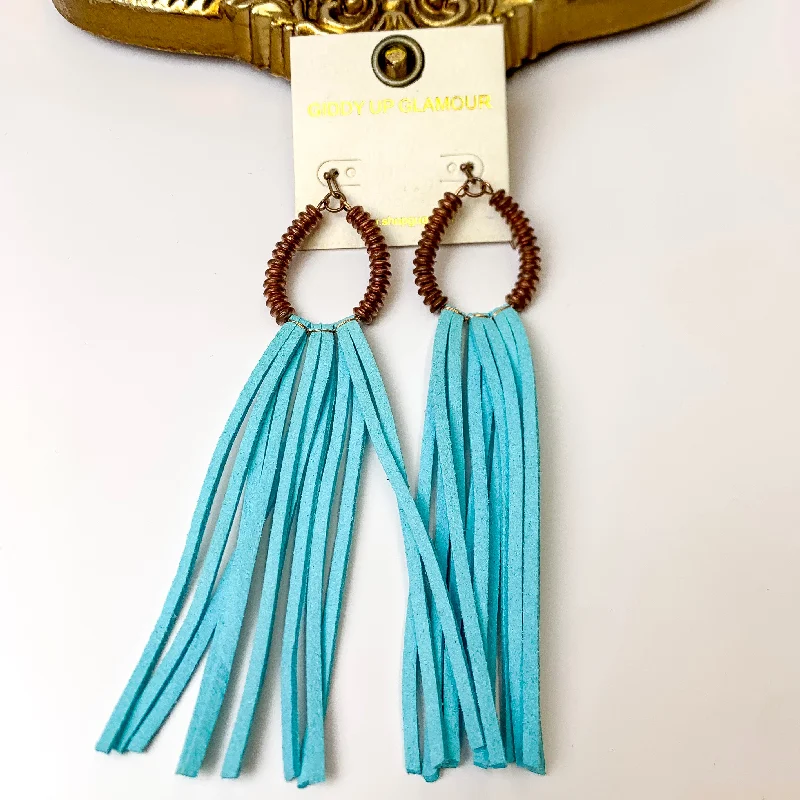 Women’s gemstone drop earrings-Copper Tone Metal Disk Beaded Teardrop Earrings with Teal Blue Faux Leather Tassels