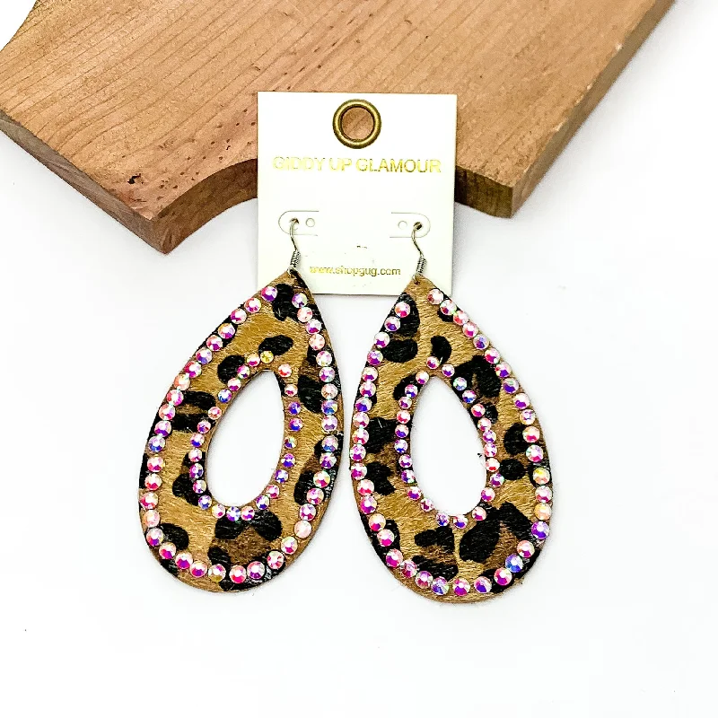 Women’s matching earrings and necklace sets-Leopard Print Open Teardrop Earring With AB Crystals