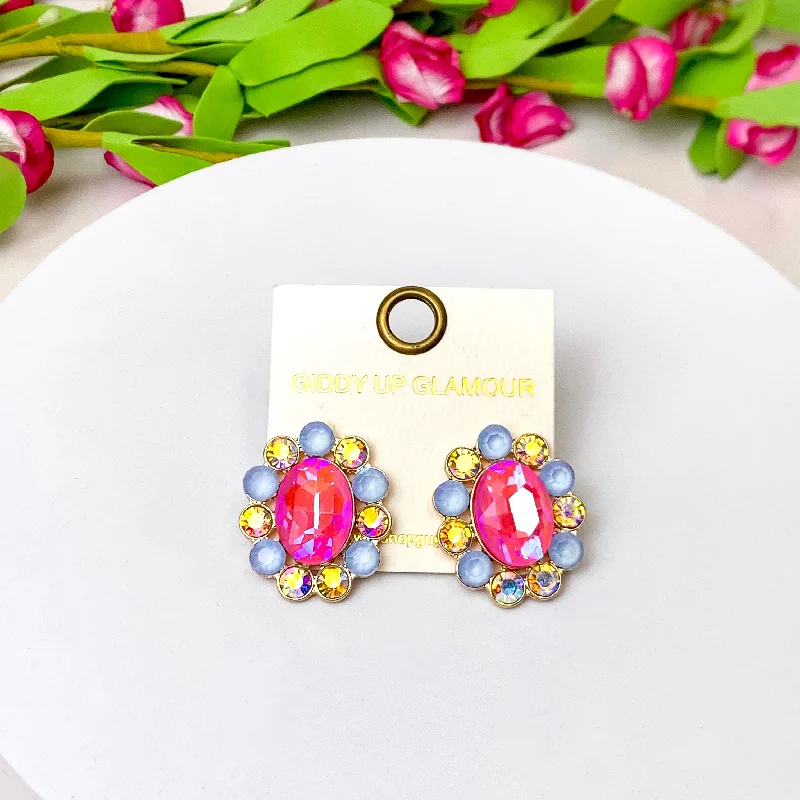 Women’s small earrings-Elegant Echoes Gold Tone Oval Concho Stud Earrings in Pink and Blue