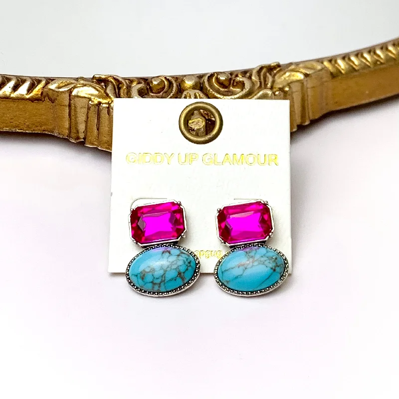 Women’s handcrafted earrings-Fuchsia Rhinestone and Faux Turquoise Stone Stud Earrings