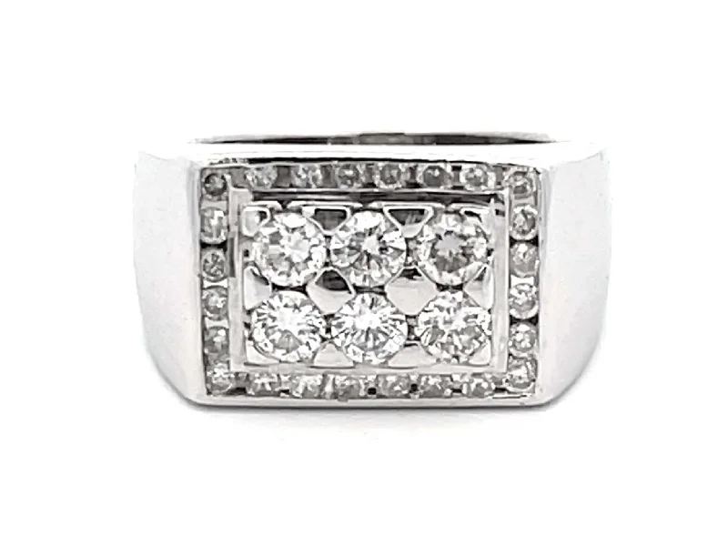 Women’s personalized rings-Mens 6 Diamond Center Ring with Square Diamond Halo in 18k White Gold