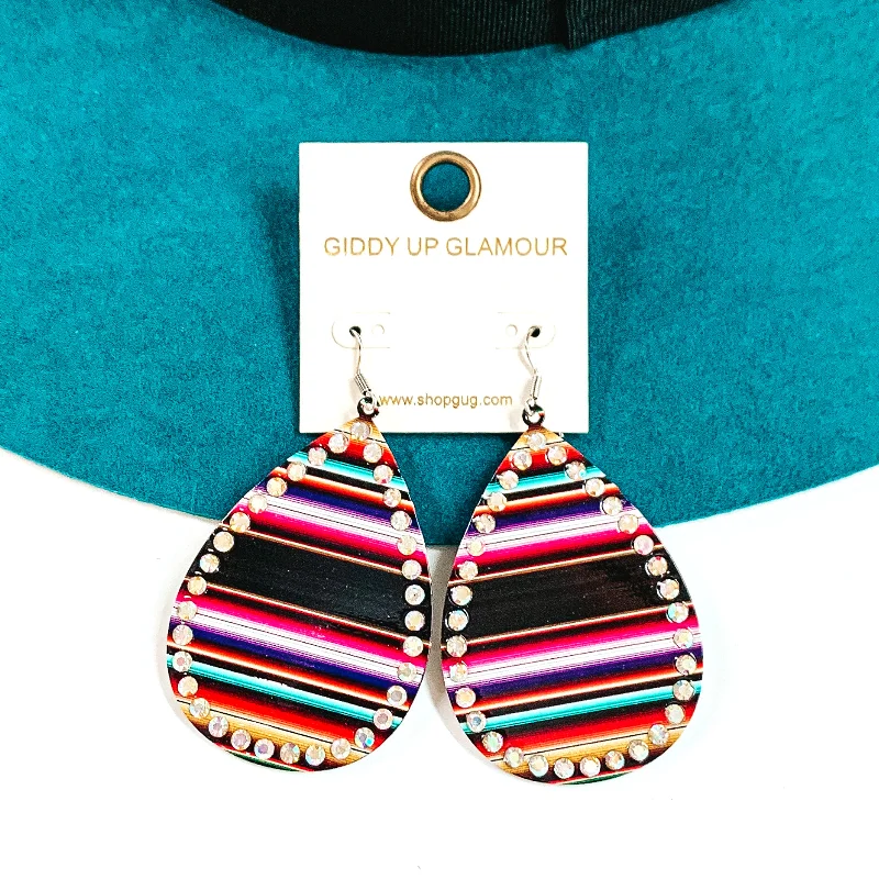 Women’s opal earrings-Serape Print Teardrop Earrings with AB Crystals in Black Mix