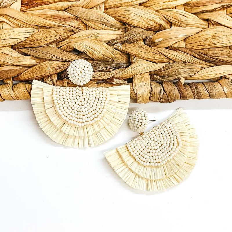 Women’s opal earrings-Sunkissed Half Circle Beaded Earrings with Raffia Fringe in Ivory