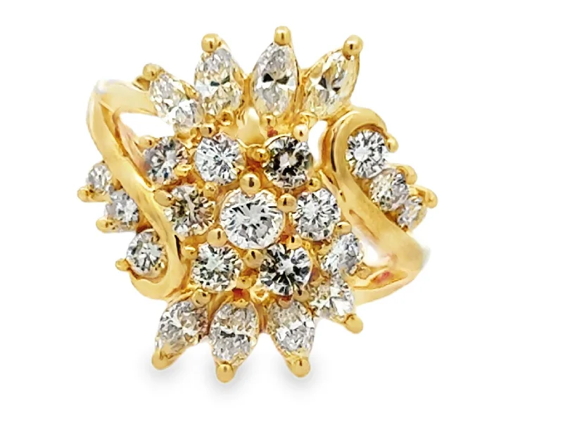 Women’s halo sapphire rings-Brilliant and Marquise Multi Diamond Large Cluster Ring 14k Yellow Gold