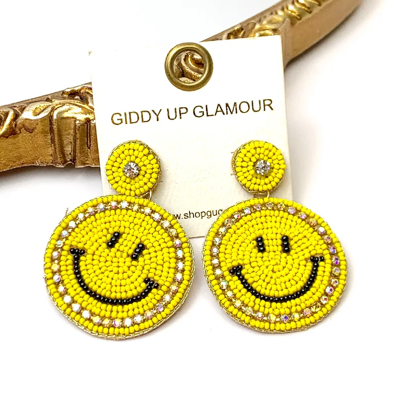 Women’s drop earrings-Beaded Happy Face Circle Drop Earrings with Crystal Outline in Yellow