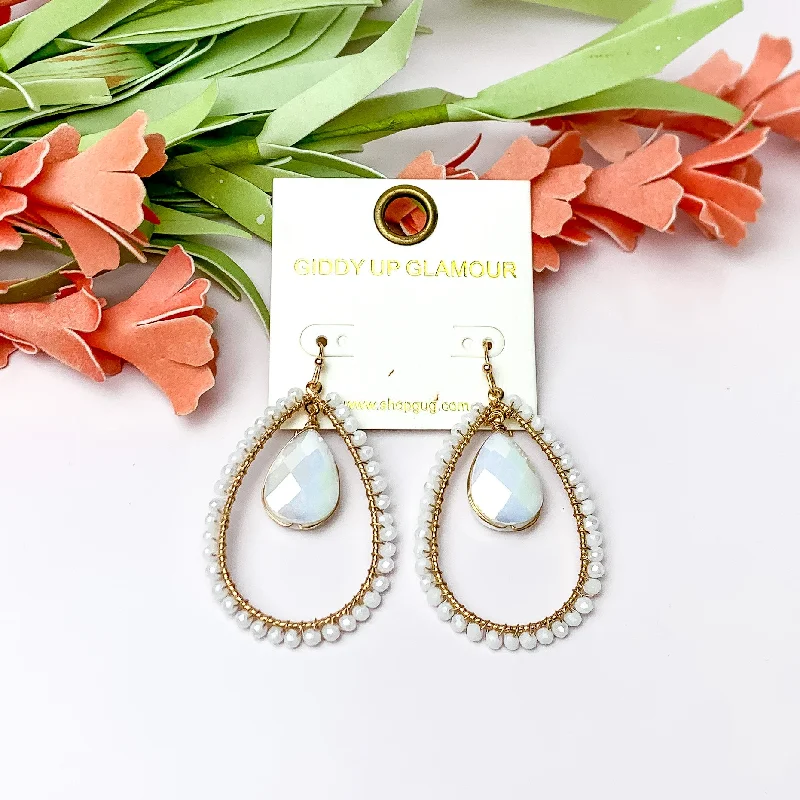 Women’s double-drop earrings-White Iridescent Stone Inside Open Beaded Teardrop Earrings with Gold Tone Outline