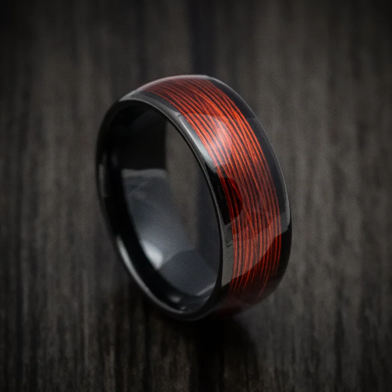 Black Tungsten Men's Ring with Red Wire Inlay Custom Made Band