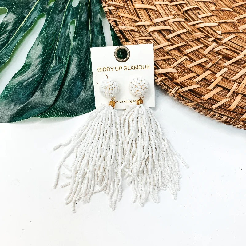 Women’s large earrings-Crash My Party Seed Bead Tassel Earrings In White