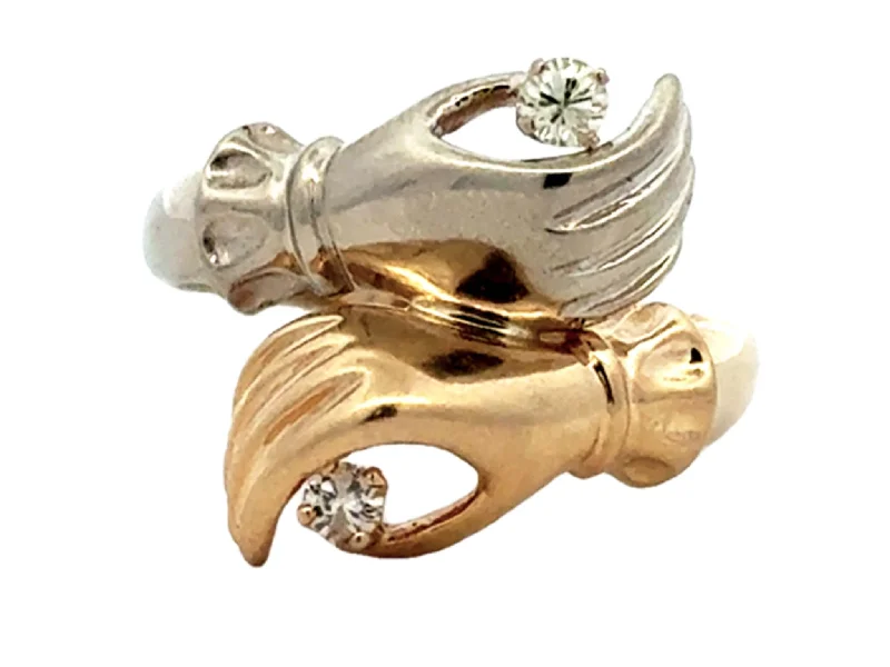 Women’s ring sets-Yellow and White Gold Hands Holding Diamonds Ring 14k Gold