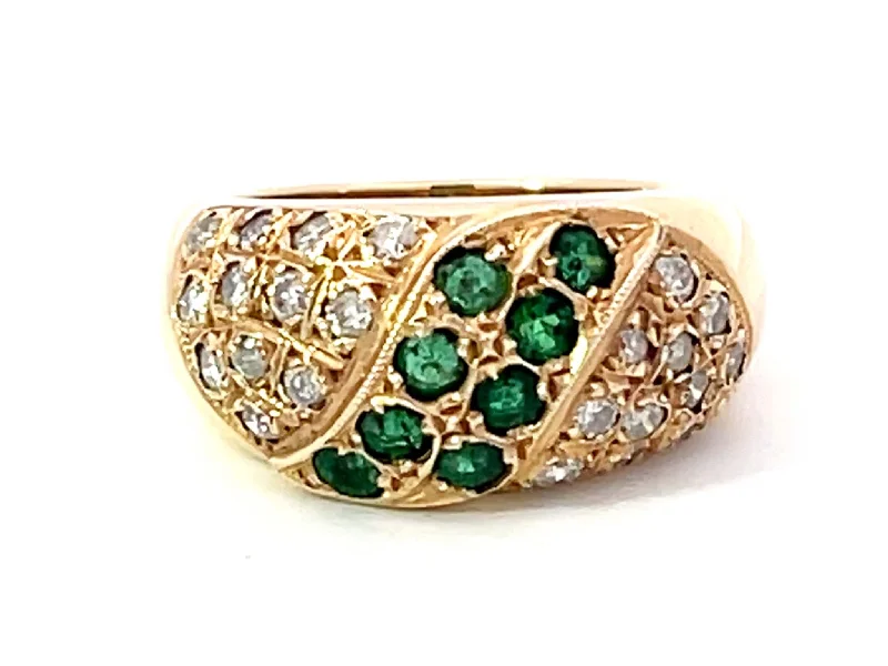 Women’s vintage rings with diamonds-Green Emerald and Diamond Studded Dome Ring in 14k Yellow Gold