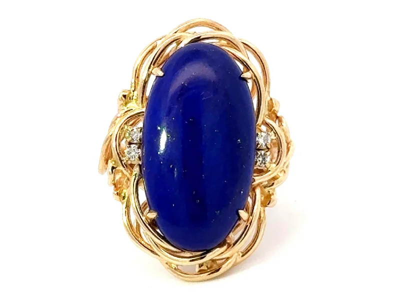 Women’s stacking rings-Large Lapis Lazuli Diamond Cocktail Ring 14k Yellow Gold