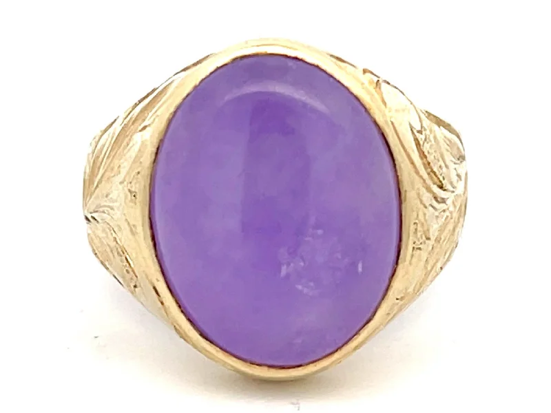 Women’s wrap rings-Purple Jade Cabochon Ring with Leaf Design in 14k Yellow Gold