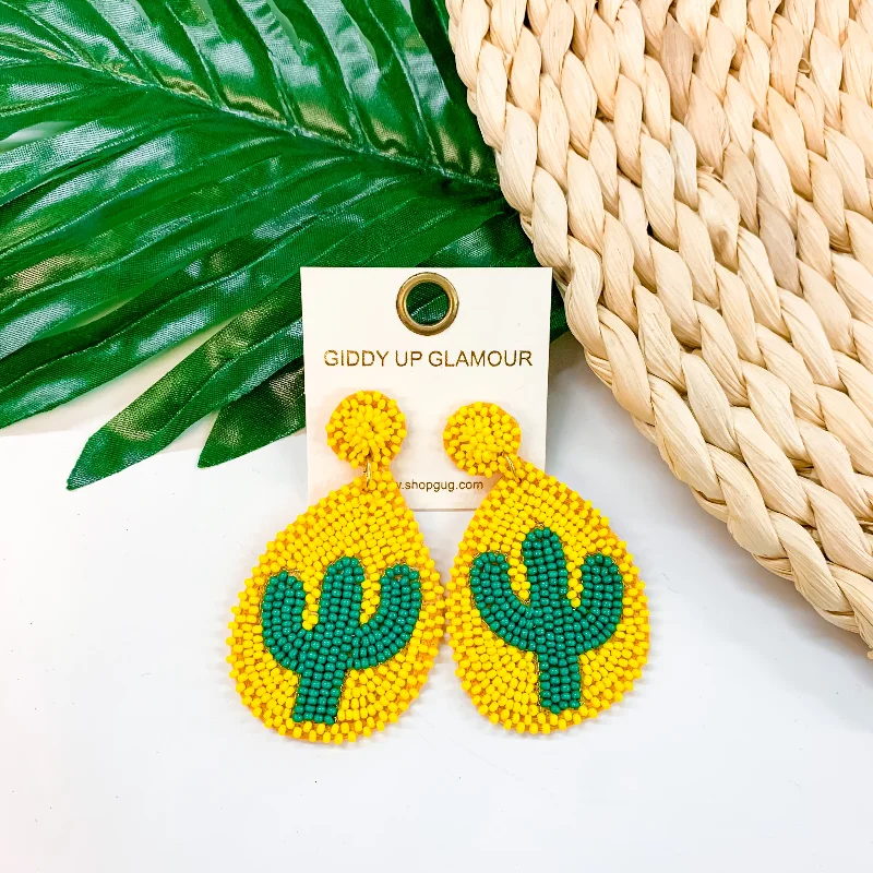 Women’s round earrings-Lookin' Sharp Seed Bead Cactus Teardrop Earrings In Yellow and Green