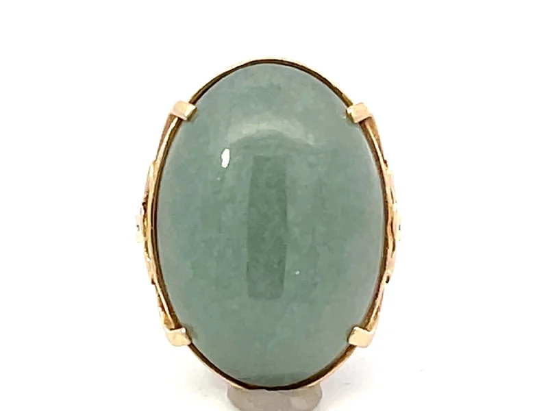 Women’s fashion rings-Mings Oval Cabochon Green Jade Ring 14k Yellow Gold