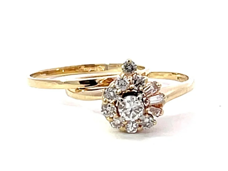 Women’s luxury rings-Diamond Flower Double Band Ring Solid 14K Yellow Gold