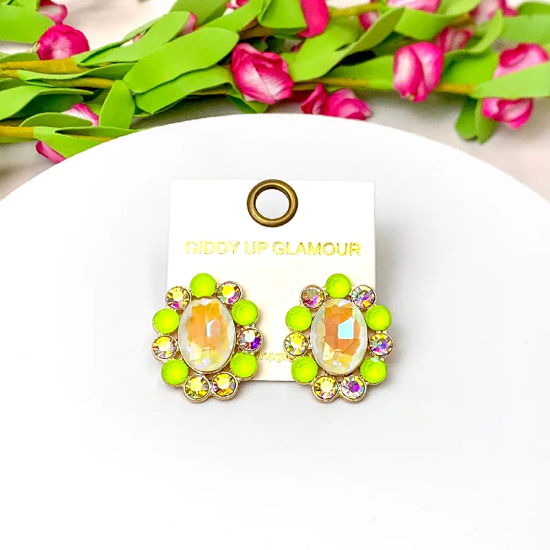 Women’s layered earrings-Elegant Echoes Gold Tone Oval Concho Stud Earrings in Chartreuse Green and Ivory