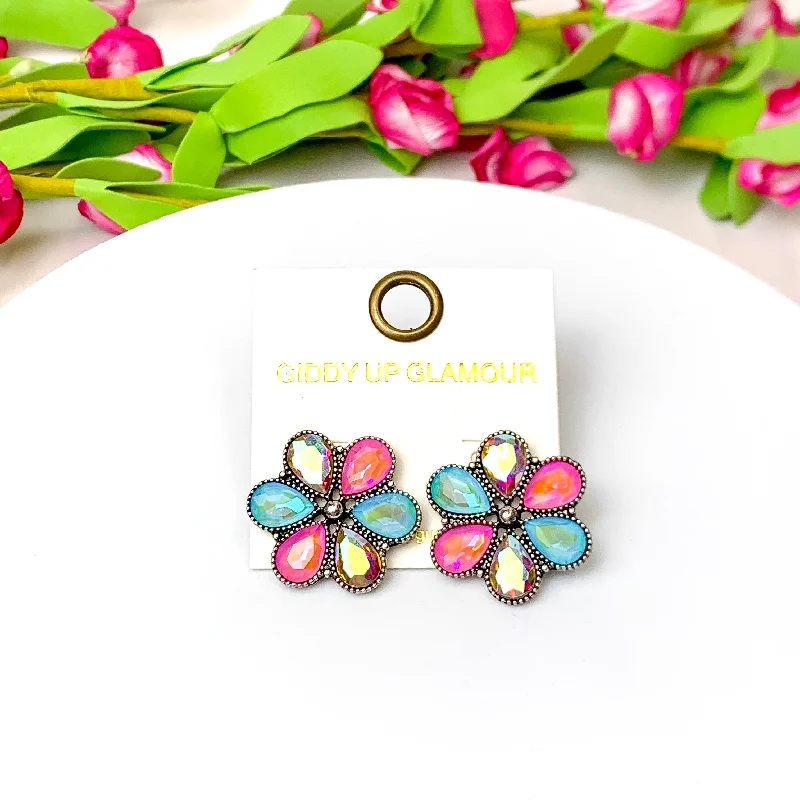 Women’s chic earrings-Petal Perfection Silver Tone Flower Stud Earrings in Pink and Turquoise