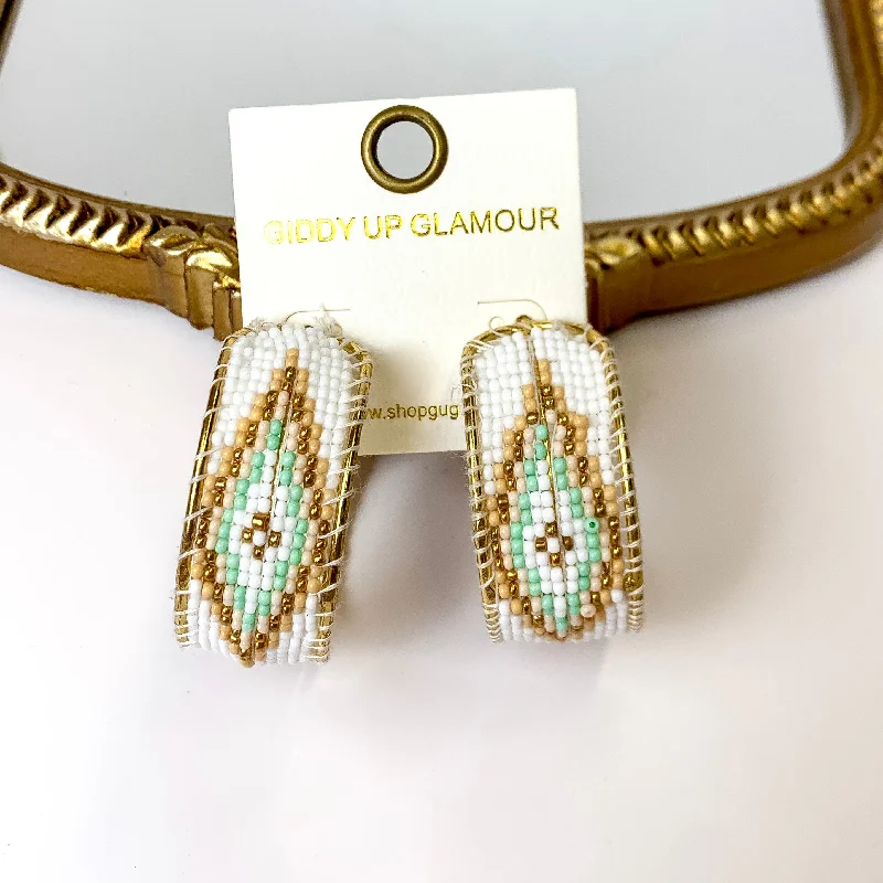 Women’s luxury earrings-Aztec Design Beaded Hoop Earrings in White