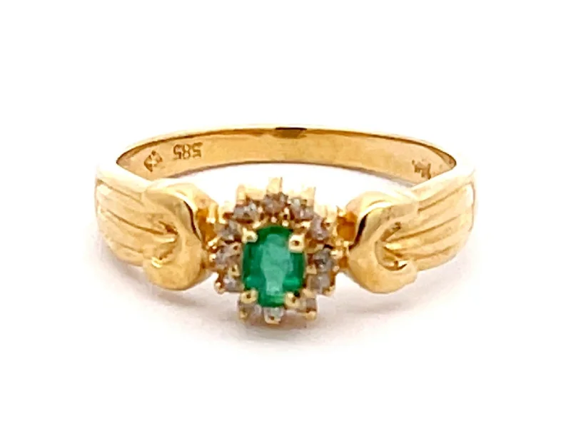 Women’s gold engagement rings-Vintage Green Oval Emerald and Diamond Halo Ring in 14k Yellow Gold