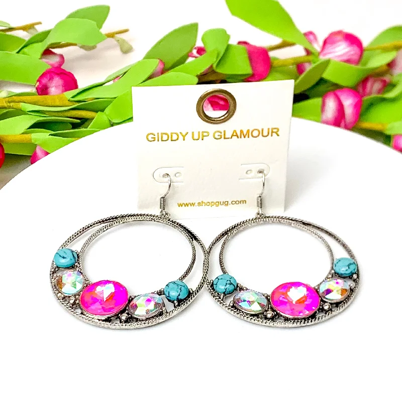 Women’s diamond earrings-Ethereal Edge Copper Tone Circle Drop Earrings with Faux Turquoise Stones in Fuchsia Pink