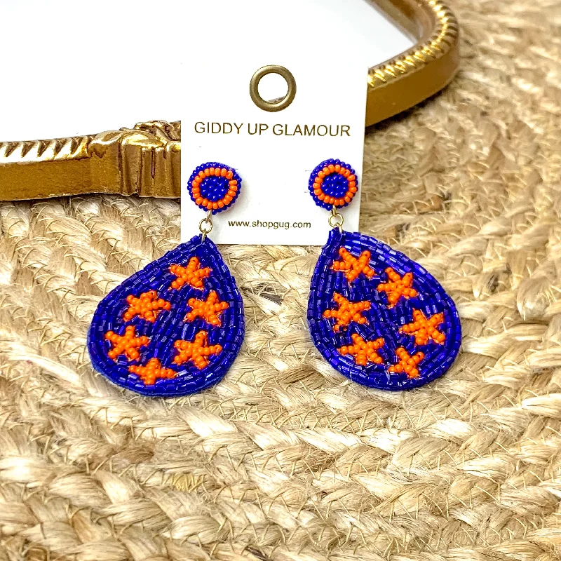 Women’s custom earrings-Beaded Teardrop Dangle Earrings with Stars in Blue and Orange