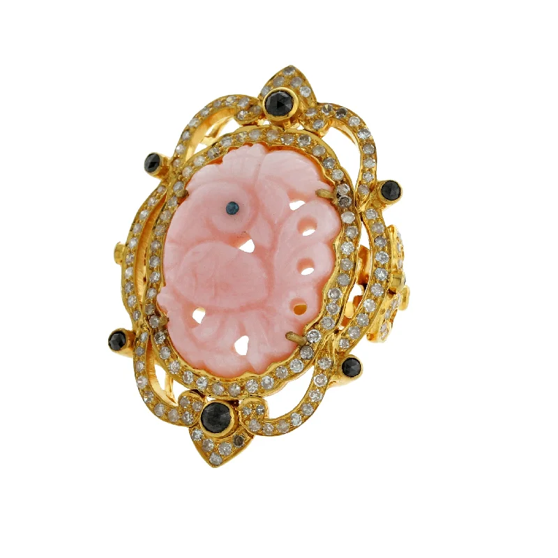 Women’s stacking wedding rings-Carved Pink Opal Peacock Ring