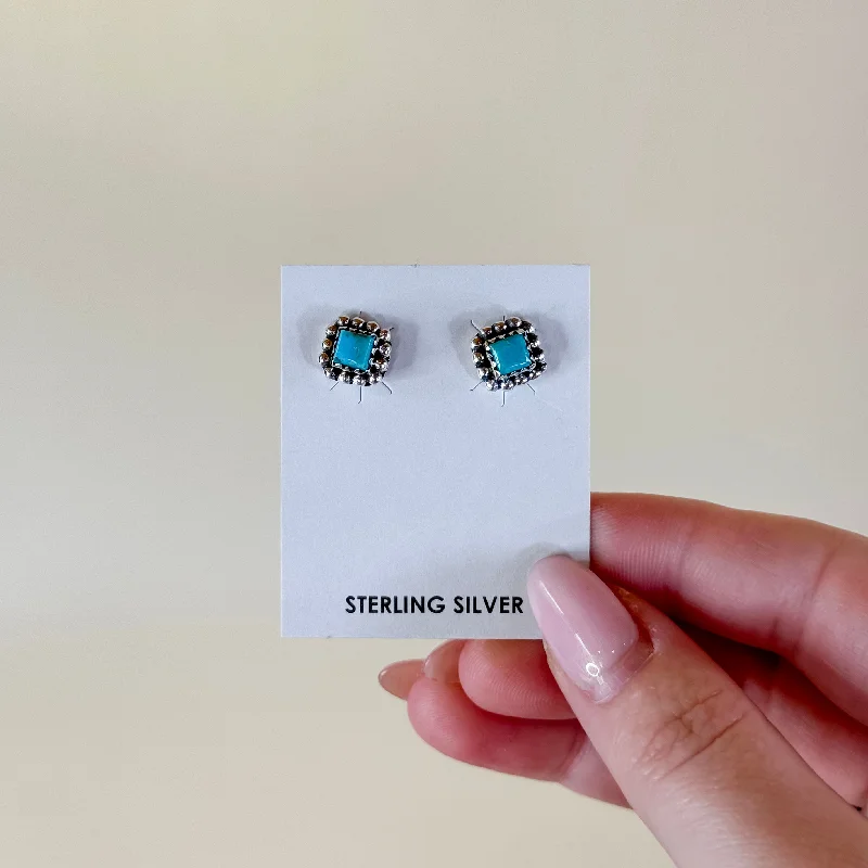 Women’s wedding earrings-Hada Collection | Handmade Sterling Silver Square Kingman Turquoise Stud Earrings