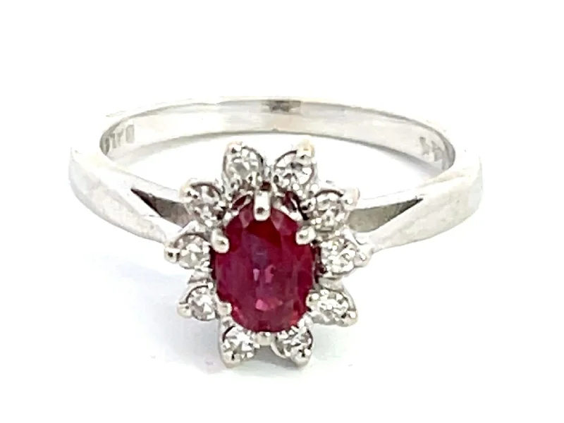 Women’s round diamond rings-Oval Ruby and Diamond Halo Ring in 14k White Gold