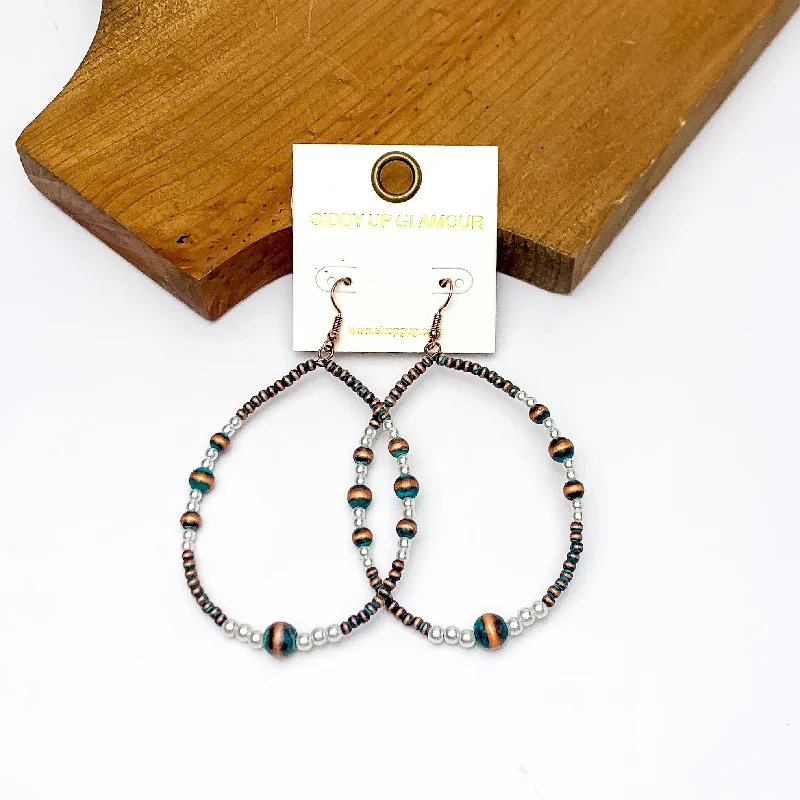 Women’s trendy earrings-Open Teardrop Earrings With Beads in Patina Tone and White