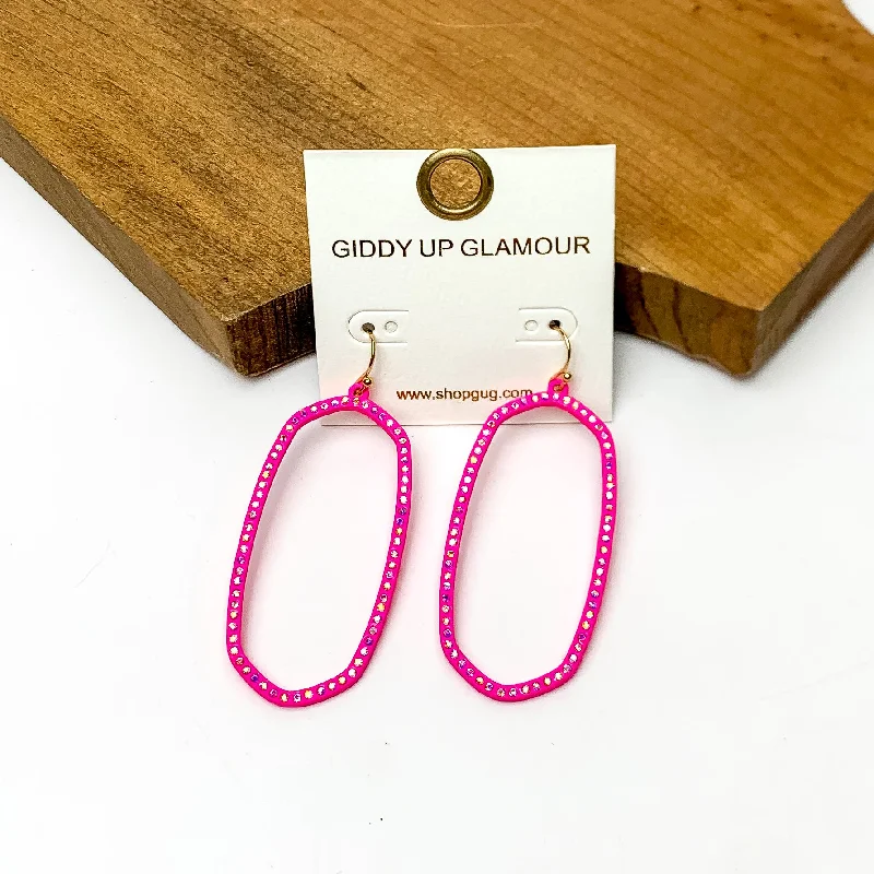 Women’s silver hoop earrings-Sparkle Girl Open Oval Earrings in Hot Pink