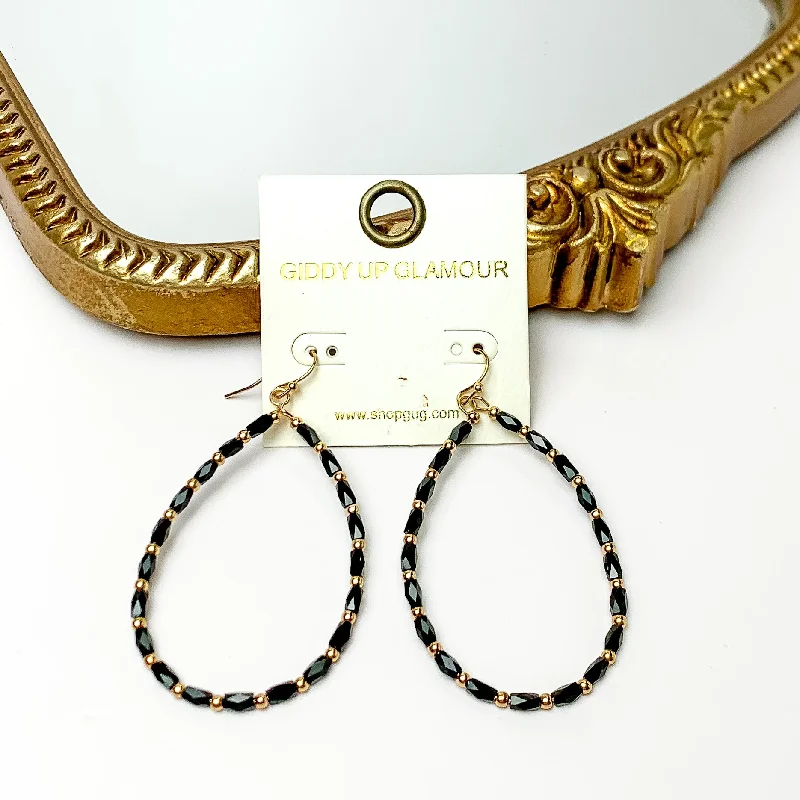 Women’s silver chandelier earrings-Black Beaded Open Drop Earrings with Gold Tone Spacers