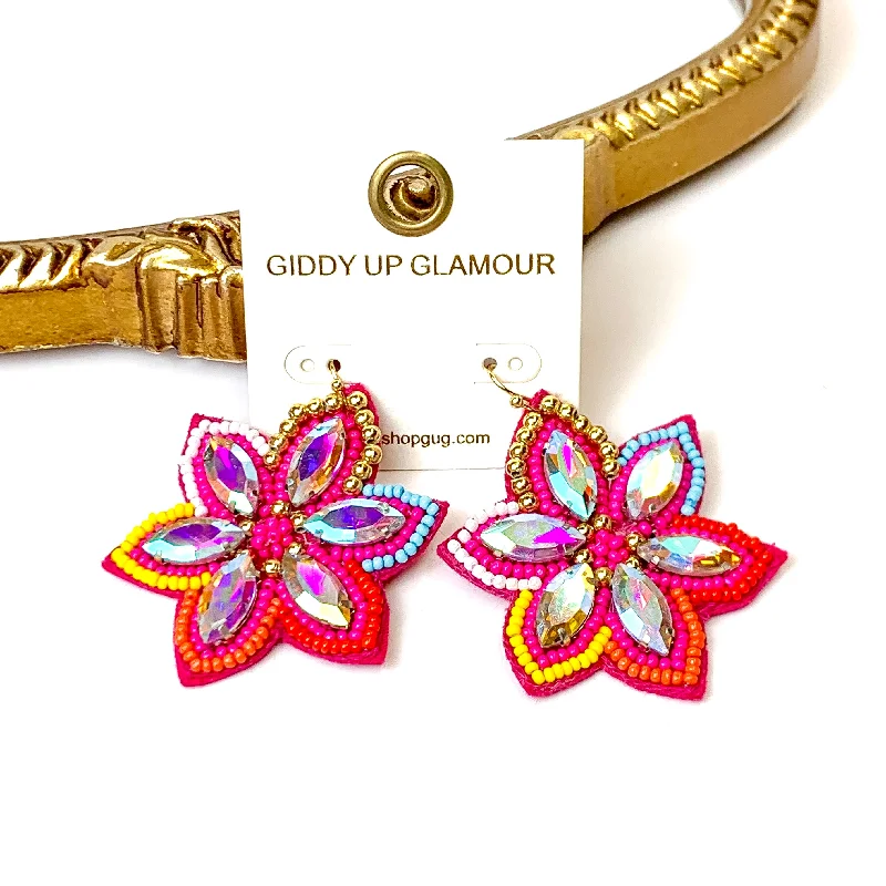 Women’s charm earrings-Desert Daisy Multicolored Flower Shaped Earrings with AB Crystal Accents in Fuchsia Pink