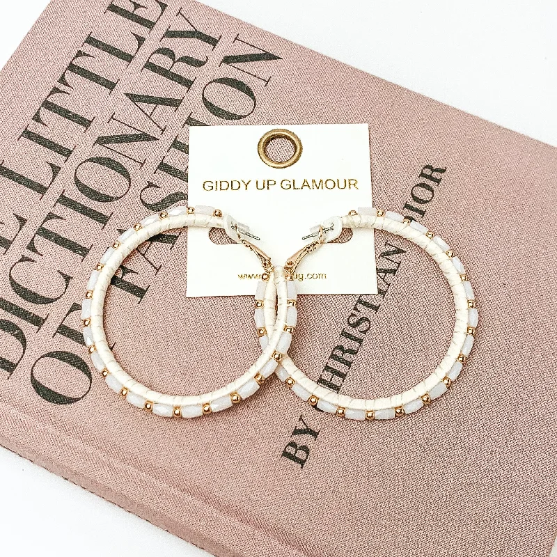 Women’s luxury diamond earrings-Circle Beaded Hoop Earrings with Gold Tone Spacers in Ivory