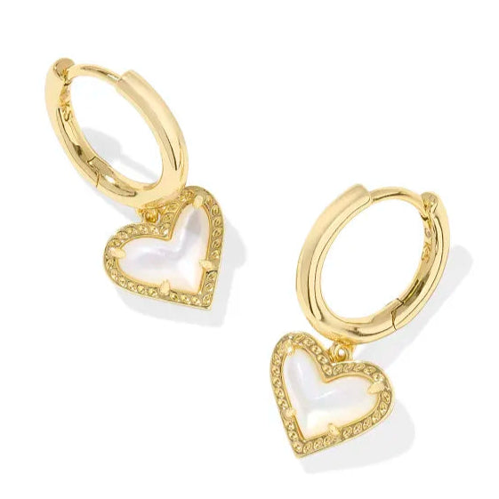 Women’s long drop earrings-Kendra Scott | Ari Heart Gold Huggie Earrings in Ivory Mother-Of-Pearl