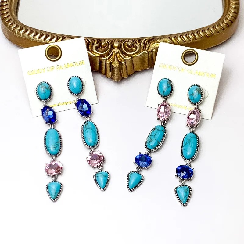 Women’s diamond hoop earrings-5 Tier Faux Turquoise Stone and Light Pink and Blue Crystal Dangle Earrings