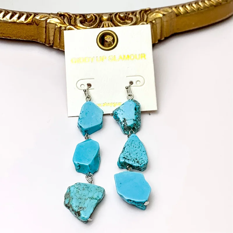 Women’s gemstone drop earrings-3 Tier Faux Turquoise Slab Drop Earrings