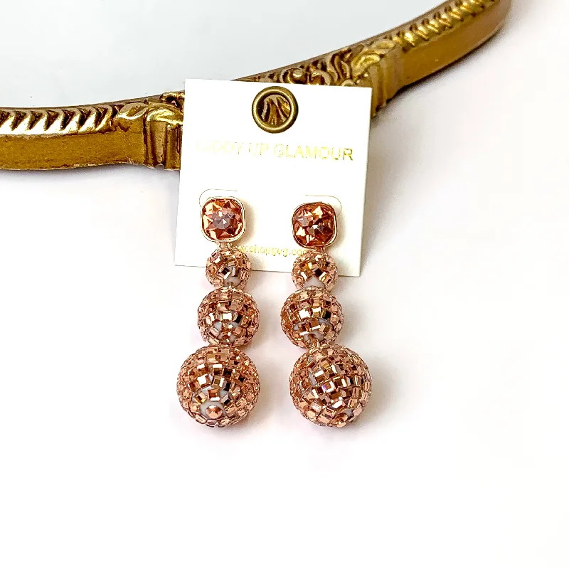 Women’s long drop earrings-Cushion Crystal Post Disco Ball Dangle Earrings in Rose Gold Tone