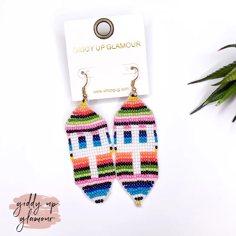 Women’s gold stud earrings-Beaded Ribbon Drop Earrings with Cactus in Serape