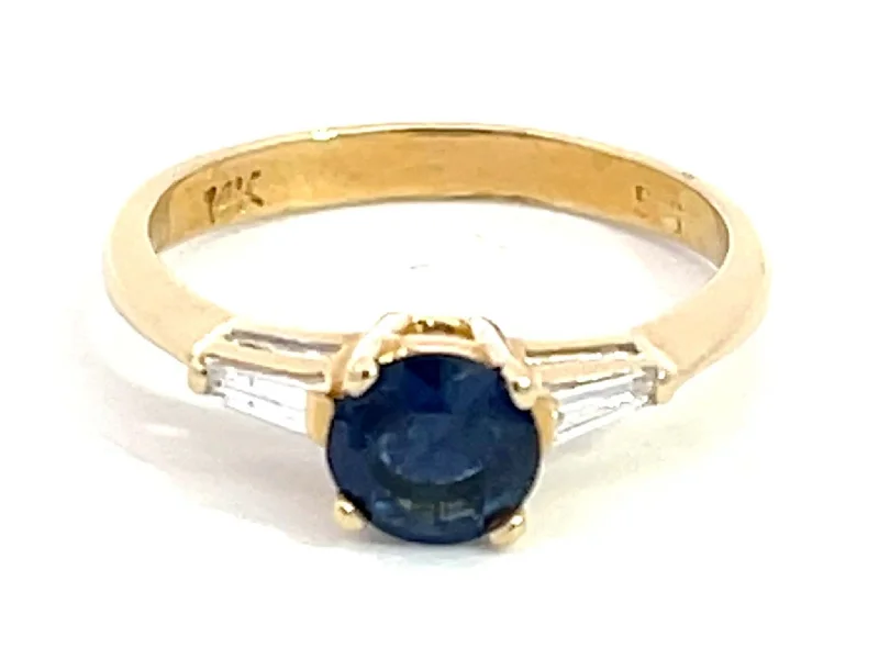 Women’s personalized engagement rings-Solitaire Blue Sapphire with Baguette Diamond Accents Ring in 14k Yellow Gold