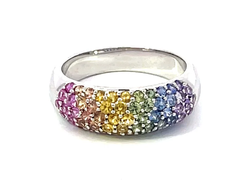 Women’s sparkling diamond rings-Multi Colored Sapphire Dome Ring in 18K White Gold