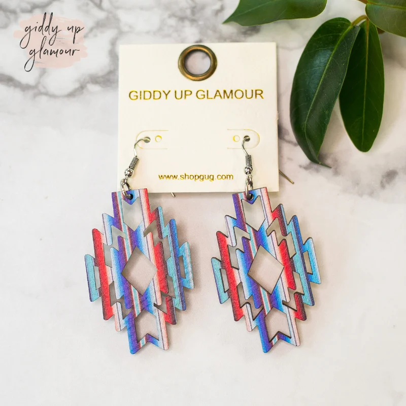 Women’s triangular earrings-Aztec Shaped Wooden Earrings in Blue and Red Serape